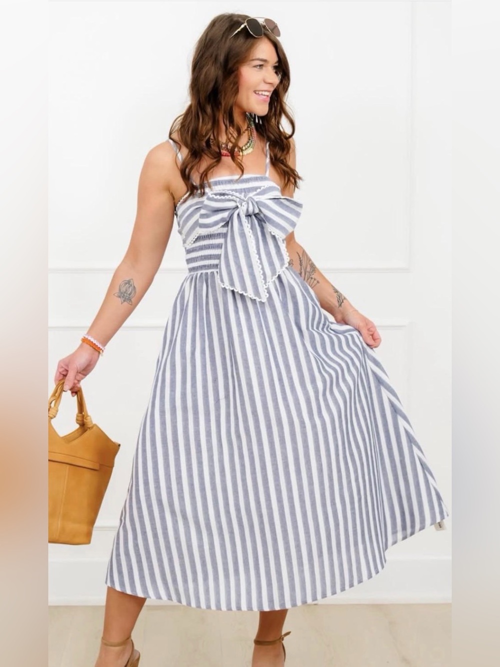 Sew In Love Navy and White Striped Maxi Dress with Front Bow